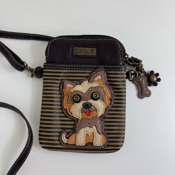 Chala Handbags - Chala Yorkie Dog Brown‎ Black Stripe Cell Phone Crossbody Purse Bag